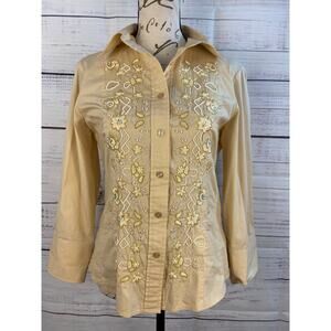 Coldwater Creek Button Front Shirt Womens XS Beaded Embroidery Cotton Blend